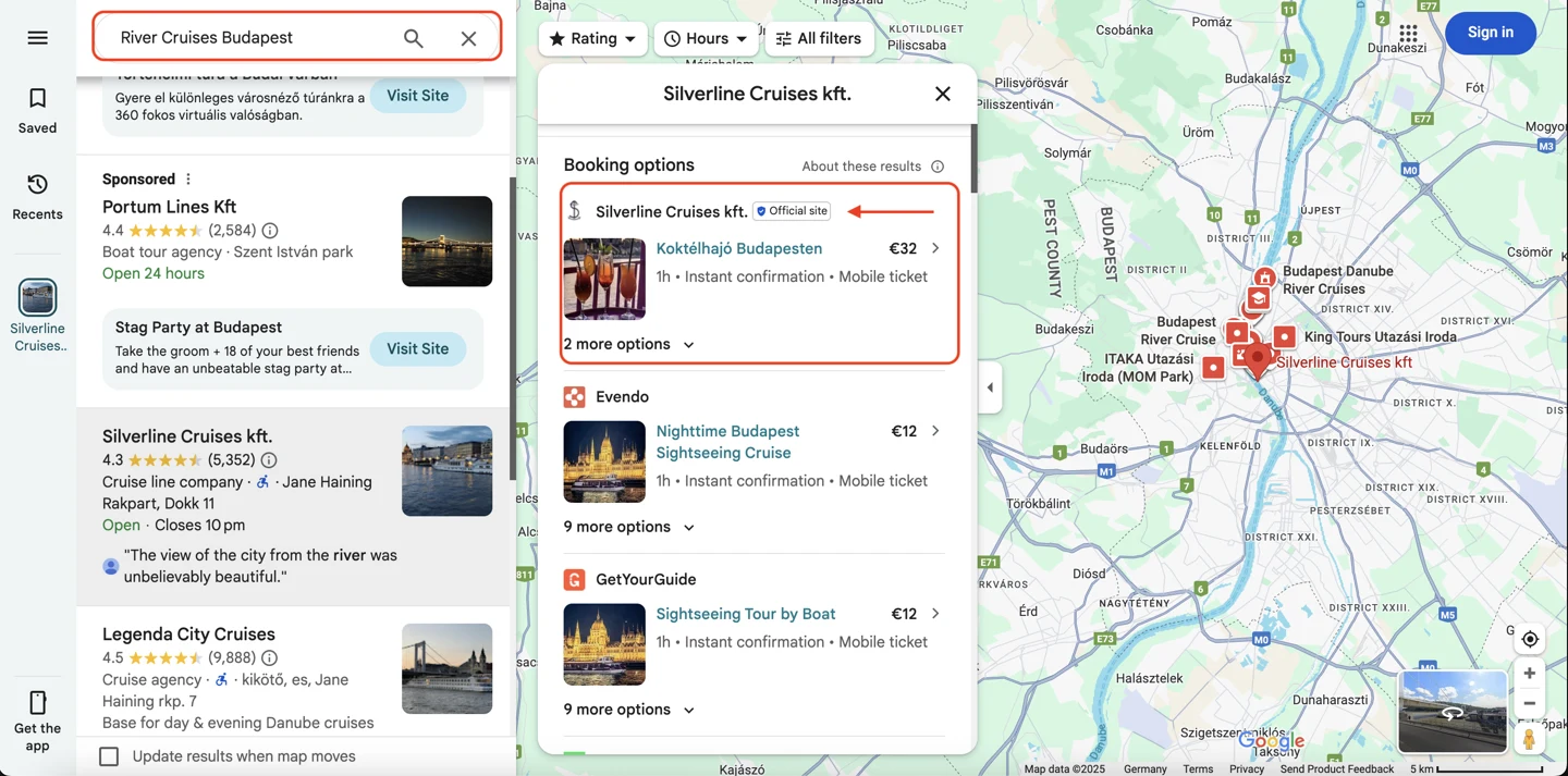 Google Maps booking options for a Budapest cruise operator, including its own official-site offer