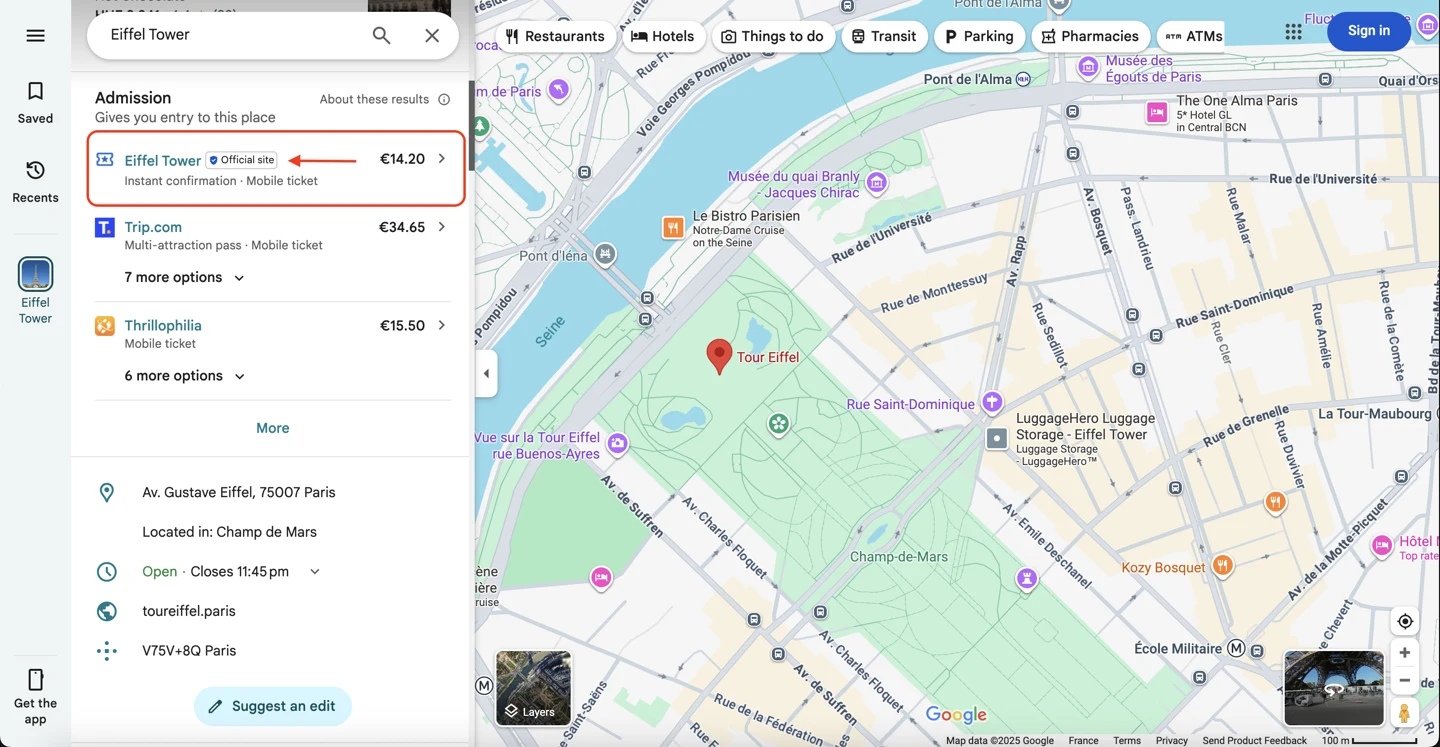 Google Maps admission options for the Eiffel Tower, with its official-site booking option highlighted